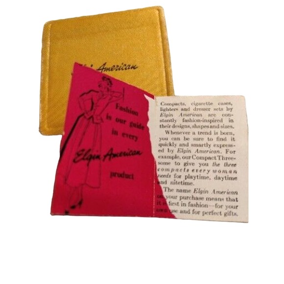 VINTAGE ELGIN GOLD TONE POWDER COMPACT WITH POUCH, PUFF AND PAPER INSERT -1940'S - Picture 6 of 7
